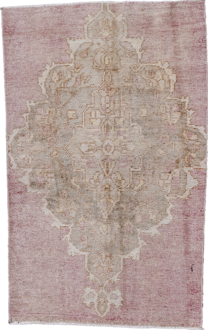 2' x 3' one-of-a-kind handmade vintage Oushak small size rug. Color palette: brown, gray, light gray, off-white, pink
