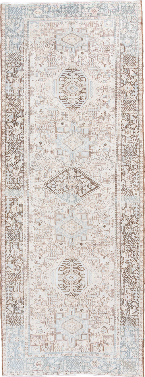 5' x 12' one-of-a-kind handmade vintage Karaje runner rug. Color palette: brown, dark gray, gainsboro, gray, light gray