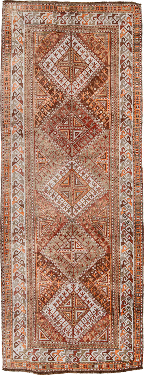 4' x 12' one-of-a-kind handmade vintage Anatol runner rug. Color palette: brown, gray, light gray, off-white, orange, pink