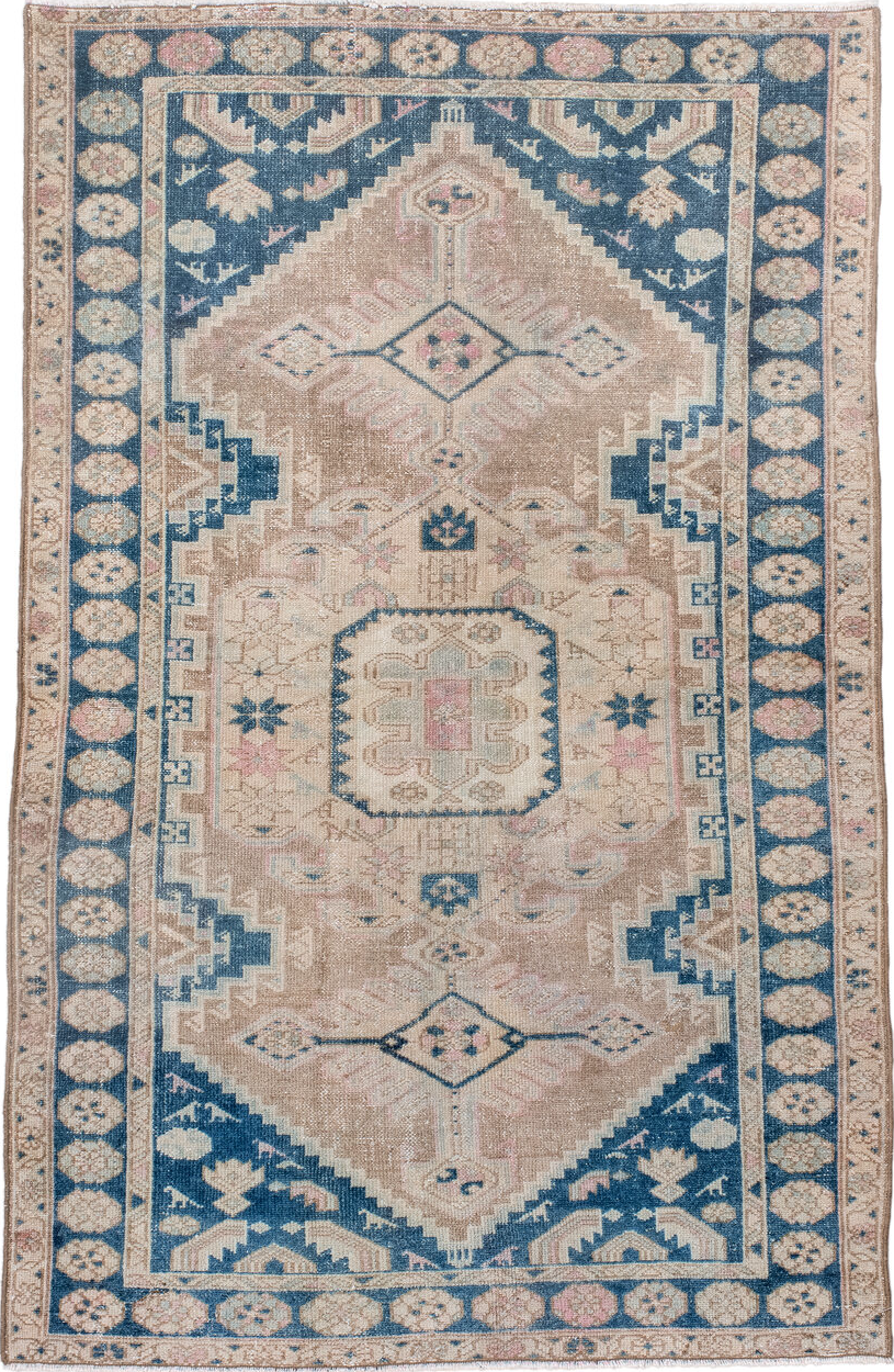 4' x 6' one-of-a-kind handmade vintage Hamadan small size rug. Color palette: blue, brown, gray, light blue, light gray