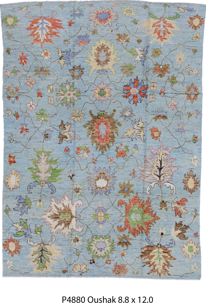 8' x 12' one-of-a-kind handmade vintage Oushak large size rug. Color palette: black, blue, brown, charcoal, dim gray, gray