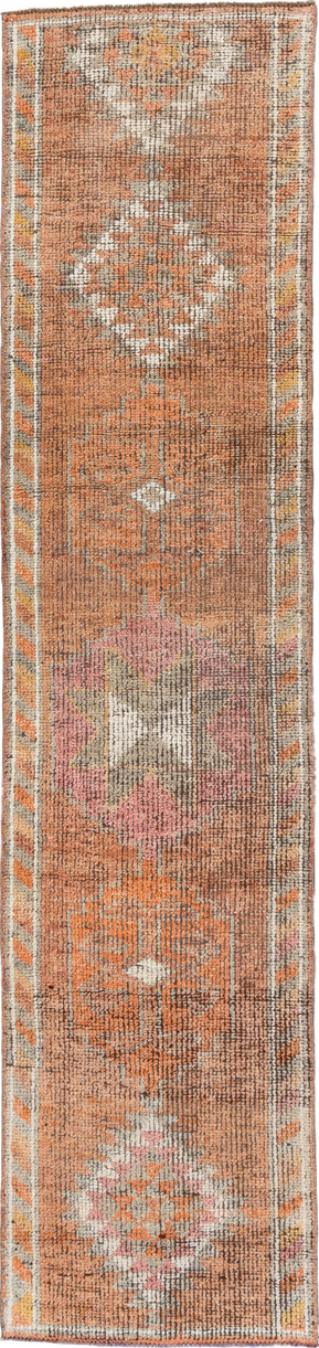 2' x 11' one-of-a-kind handmade vintage Oushak runner rug. Color palette: brown, gray, light gray, off-white, orange, pink