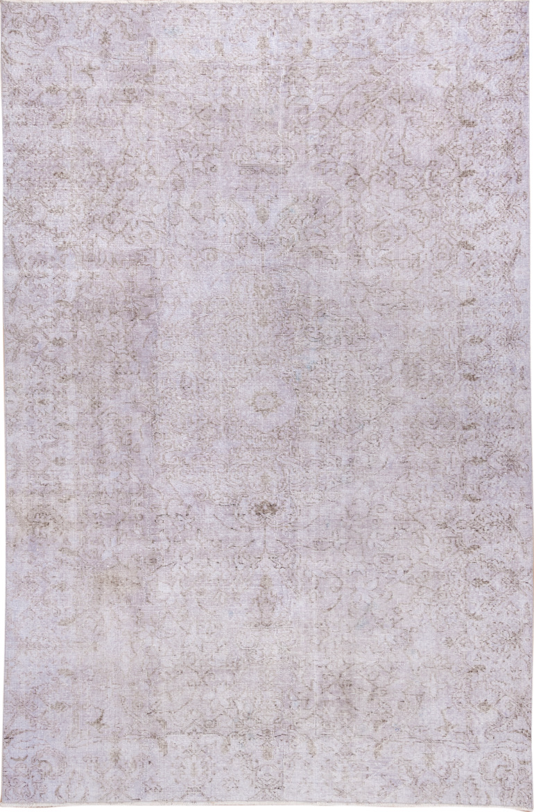 6' x 9' one-of-a-kind handmade vintage Overdyed medium size rug. Color palette: gainsboro, gray, light gray, off-white, pink