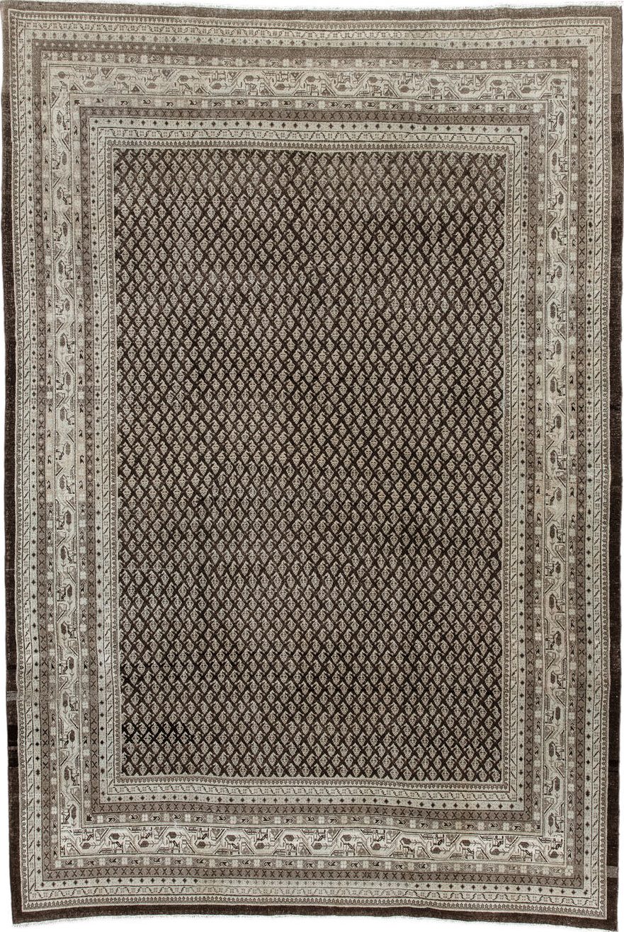 7' x 10' one-of-a-kind handmade vintage Mir large size rug. Color palette: black, brown, gray, light gray, off-white, pink