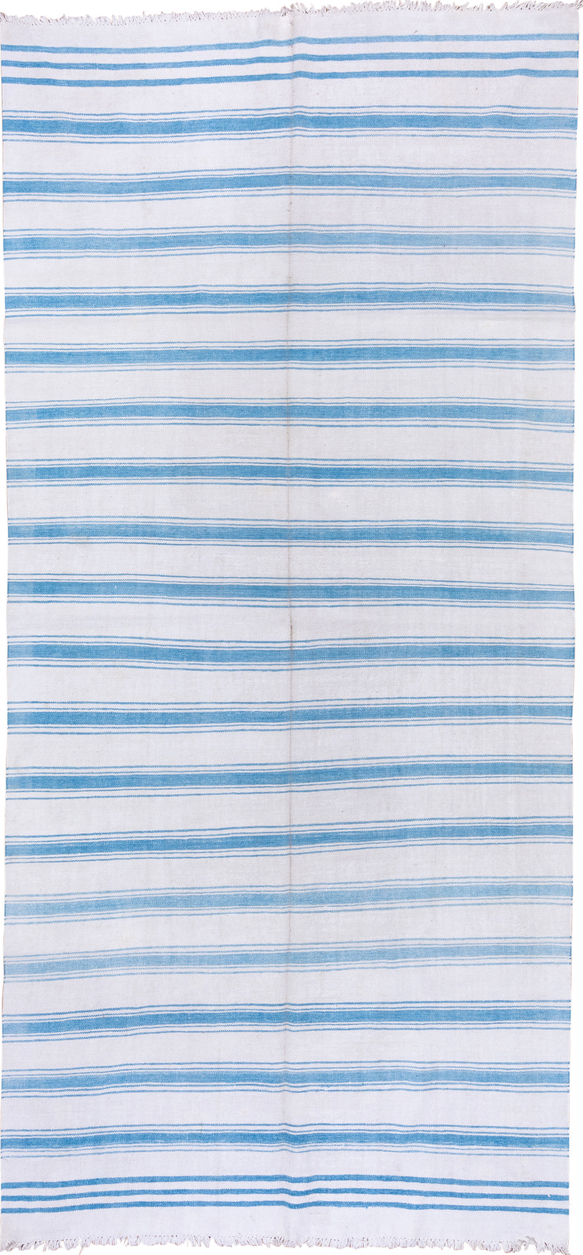 6' x 13' one-of-a-kind handmade vintage Dhurrie large size rug. Color palette: blue, gainsboro, gray, light blue, light gray