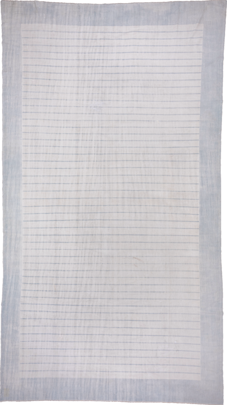 9' x 17' one-of-a-kind handmade vintage Dhurrie rug. Color palette: dark gray, gainsboro, gray, light blue, light gray