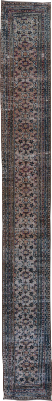2' x 17' one-of-a-kind handmade vintage Khorassan runner rug. Color palette: black, blue, brown, charcoal, gray, off-white