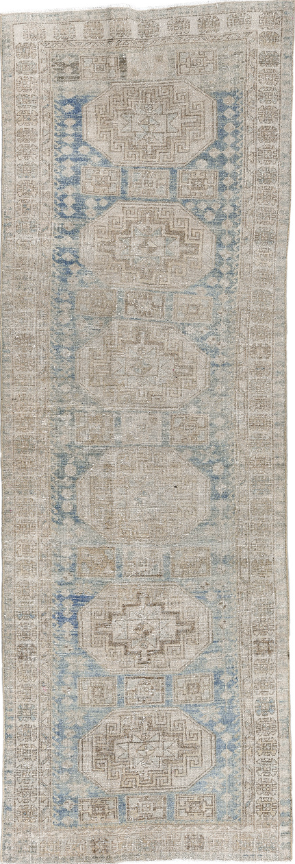 3' x 9' one-of-a-kind handmade vintage Oushak runner rug. Color palette: dark gray, dim gray, gainsboro, gray, light gray