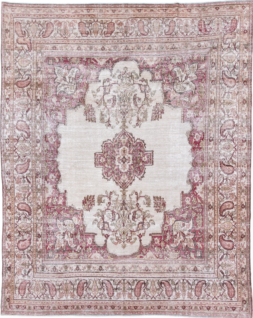 9' x 11' one-of-a-kind handmade vintage Khorassan large size rug. Color palette: pink, off-white, gray, light gray, brown