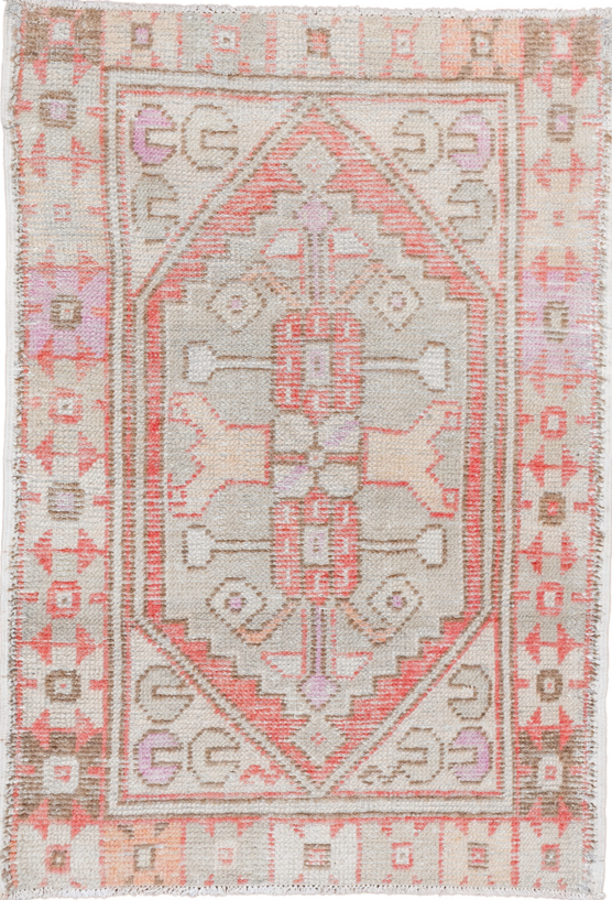 2' x 3' one-of-a-kind handmade vintage Oushak small size rug. Color palette: brown, gainsboro, gray, light gray, off-white