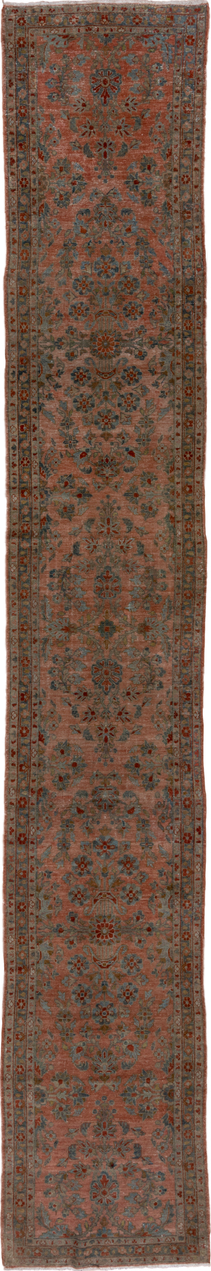 2' x 15' one-of-a-kind handmade vintage Lilian runner rug. Color palette: black, brown, charcoal, gray, off-white, pink