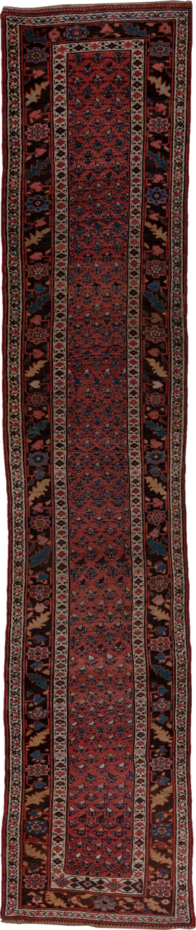 2' x 14' one-of-a-kind handmade vintage Kurd Bidjar runner rug. Color palette: brown, gray, off-white, pink, red, snow