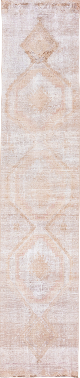 2' x 13' one-of-a-kind handmade vintage Oushak runner rug. Color palette: brown, gainsboro, gray, light gray, linen