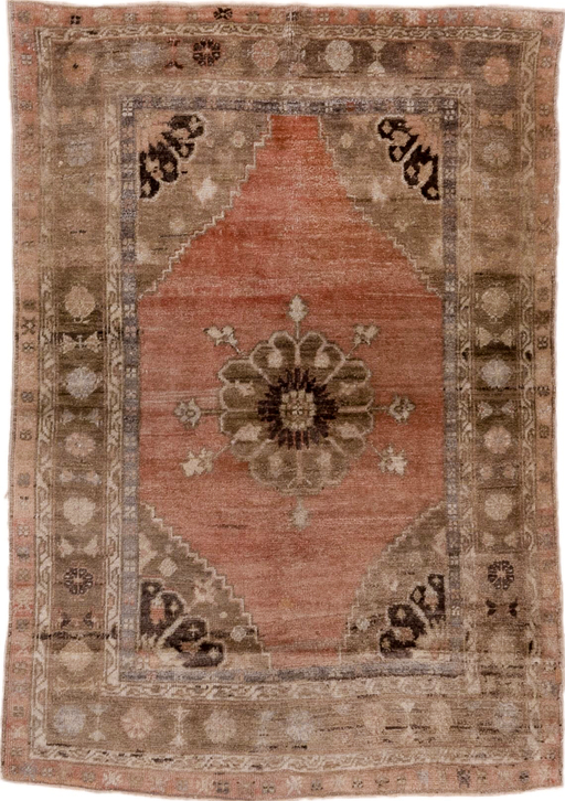 3' x 5' one-of-a-kind handmade vintage Oushak small size rug. Color palette: black, brown, gray, off-white, pink, snow