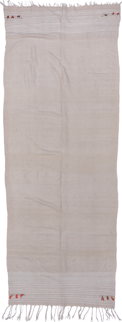 5' x 12' one-of-a-kind handmade vintage Blanket rug. Color palette: brown, dark gray, gray, light gray, off-white, pink, red