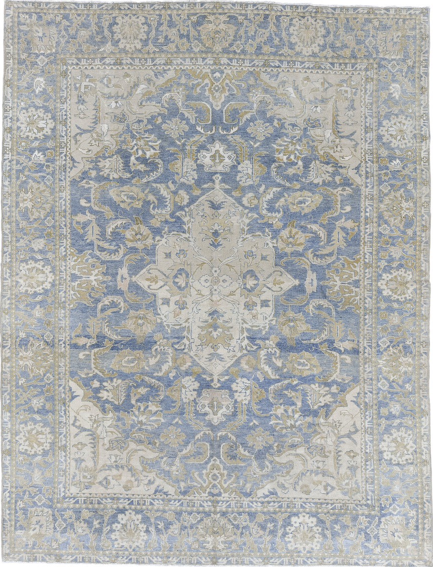 7' x 10' one-of-a-kind handmade vintage Heriz large size rug. Color palette: gray, blue, black, light gray, off-white