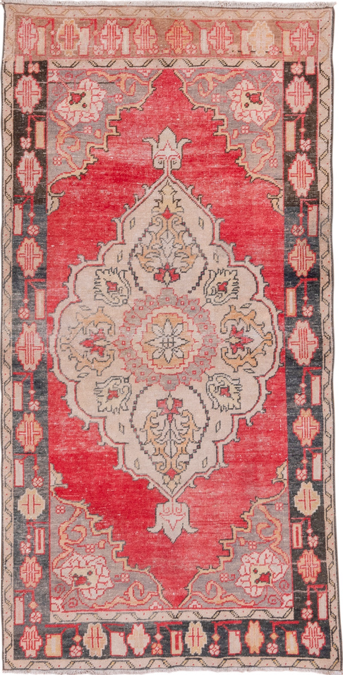 3' x 7' one-of-a-kind handmade vintage Oushak runner rug. Color palette: black, brown, dim gray, gray, indian red