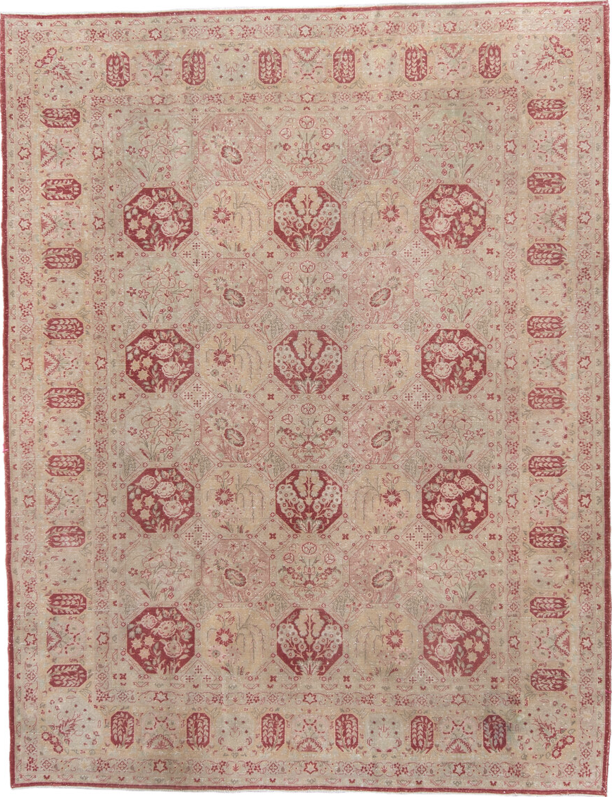 6' x 8' one-of-a-kind handmade vintage Tabriz medium size rug. Color palette: brown, gray, pink, red, off-white, light gray