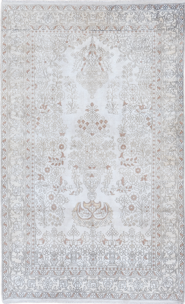 3' x 5' one-of-a-kind handmade vintage Kashmir small size rug. Color palette: alice blue, dark gray, dim gray, gainsboro