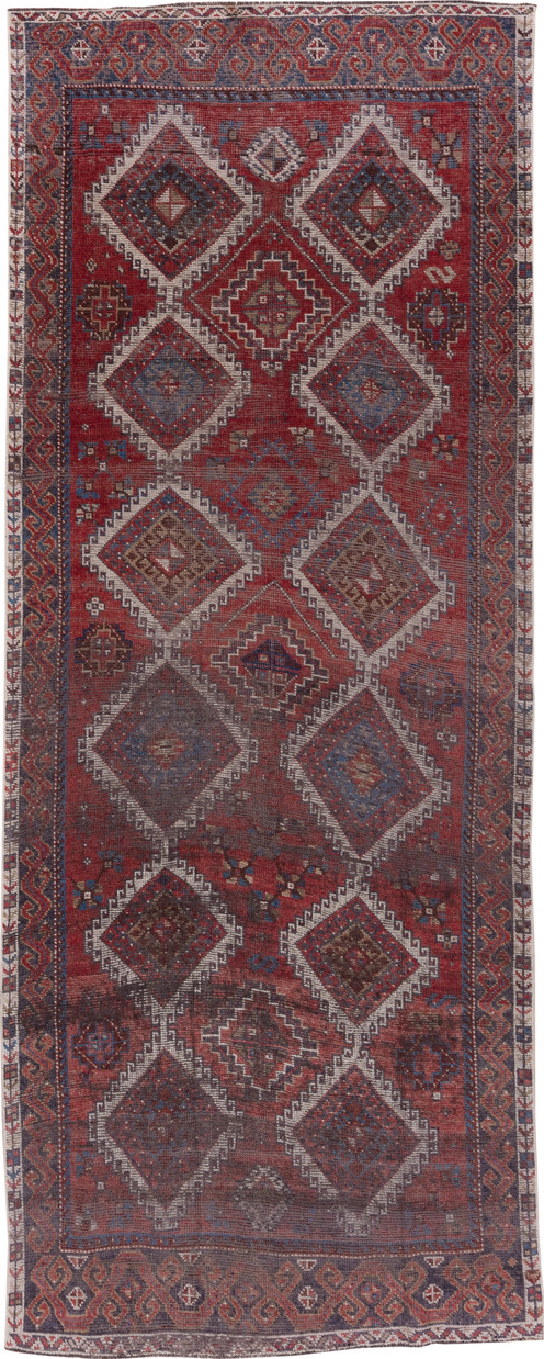 4' x 10' one-of-a-kind handmade vintage Oushak runner rug. Color palette: brown, gray, light gray, pink, red, wine