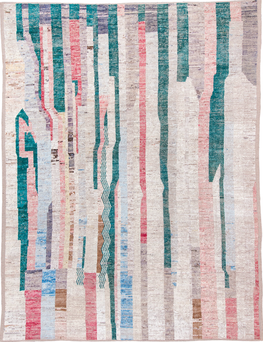 10' x 13' one-of-a-kind handmade vintage Tulu large size rug. Color palette: black, blue, brown, charcoal, dark cyan, gray