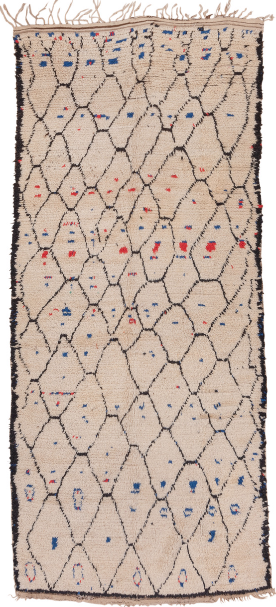 4' x 9' one-of-a-kind handmade vintage Moroccan runner rug. Color palette: black, blue, brown, charcoal, gray, light gray