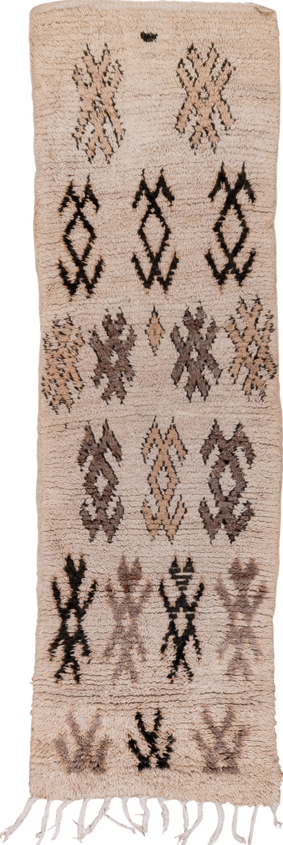 2' x 7' one-of-a-kind handmade vintage Moroccan runner rug. Color palette: black, brown, gray, light gray, off-white, pink