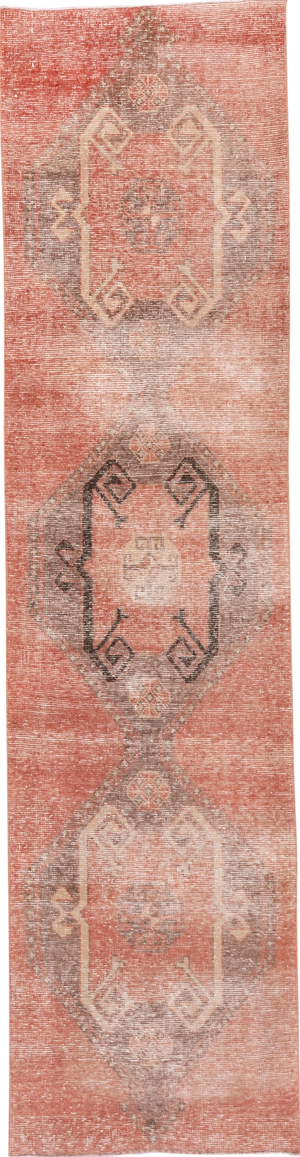 2' x 10' one-of-a-kind handmade vintage Oushak runner rug. Color palette: brown, off-white, orange, pink, snow, white