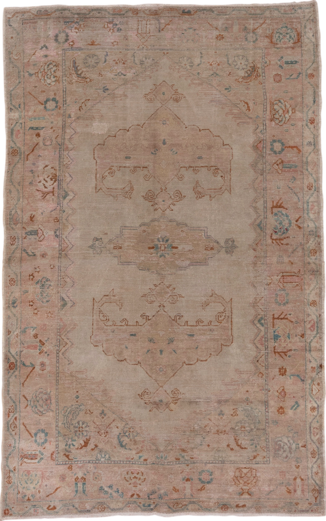 4' x 7' one-of-a-kind handmade vintage Oushak rug. Color palette: gray, light gray, off-white, pink, snow, white, whitesmoke