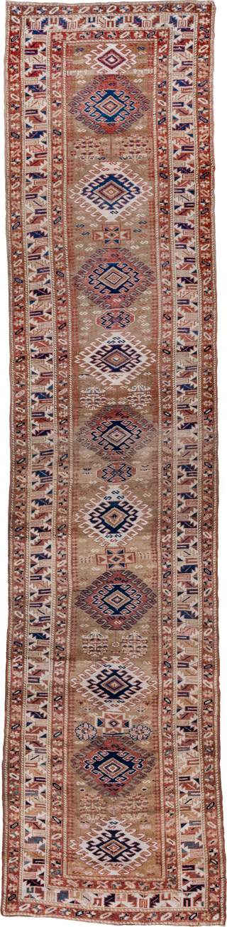 3' x 15' one-of-a-kind handmade vintage Sarab runner rug. Color palette: blue, brown, dim gray, gray, light gray, off-white