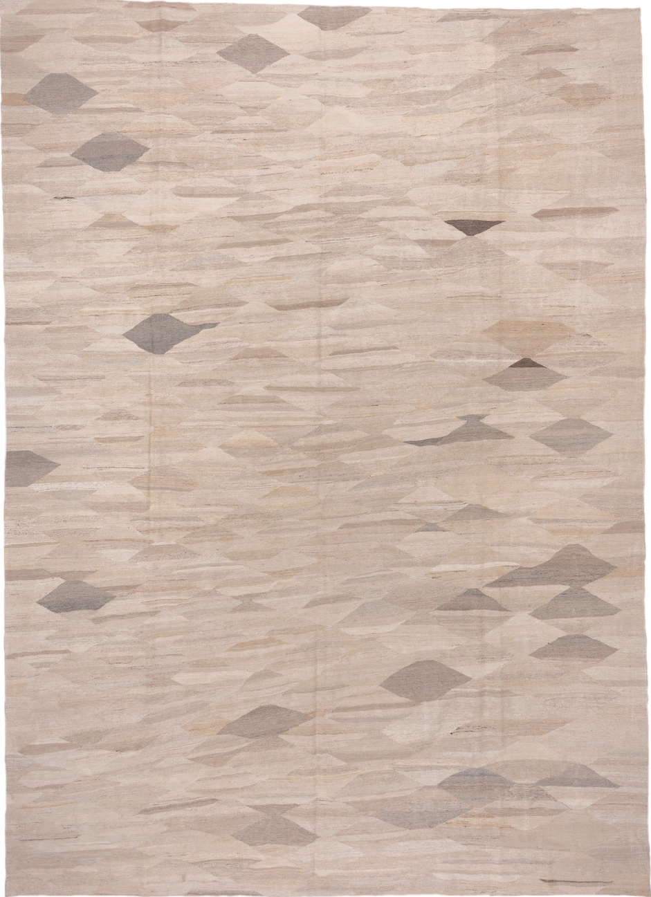 9' x 13' one-of-a-kind handmade vintage Kilim large size rug. Color palette: brown, gray, light gray, off-white, pink