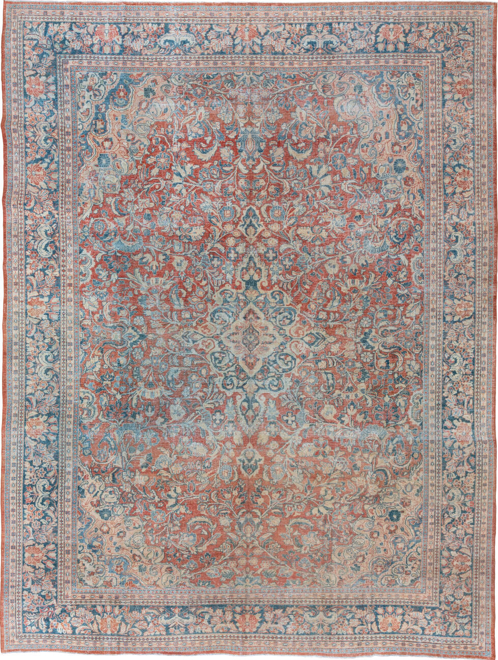 10' x 13' one-of-a-kind handmade vintage Mahal large size rug. Color palette: blue, brown, dark gray, gray, light gray