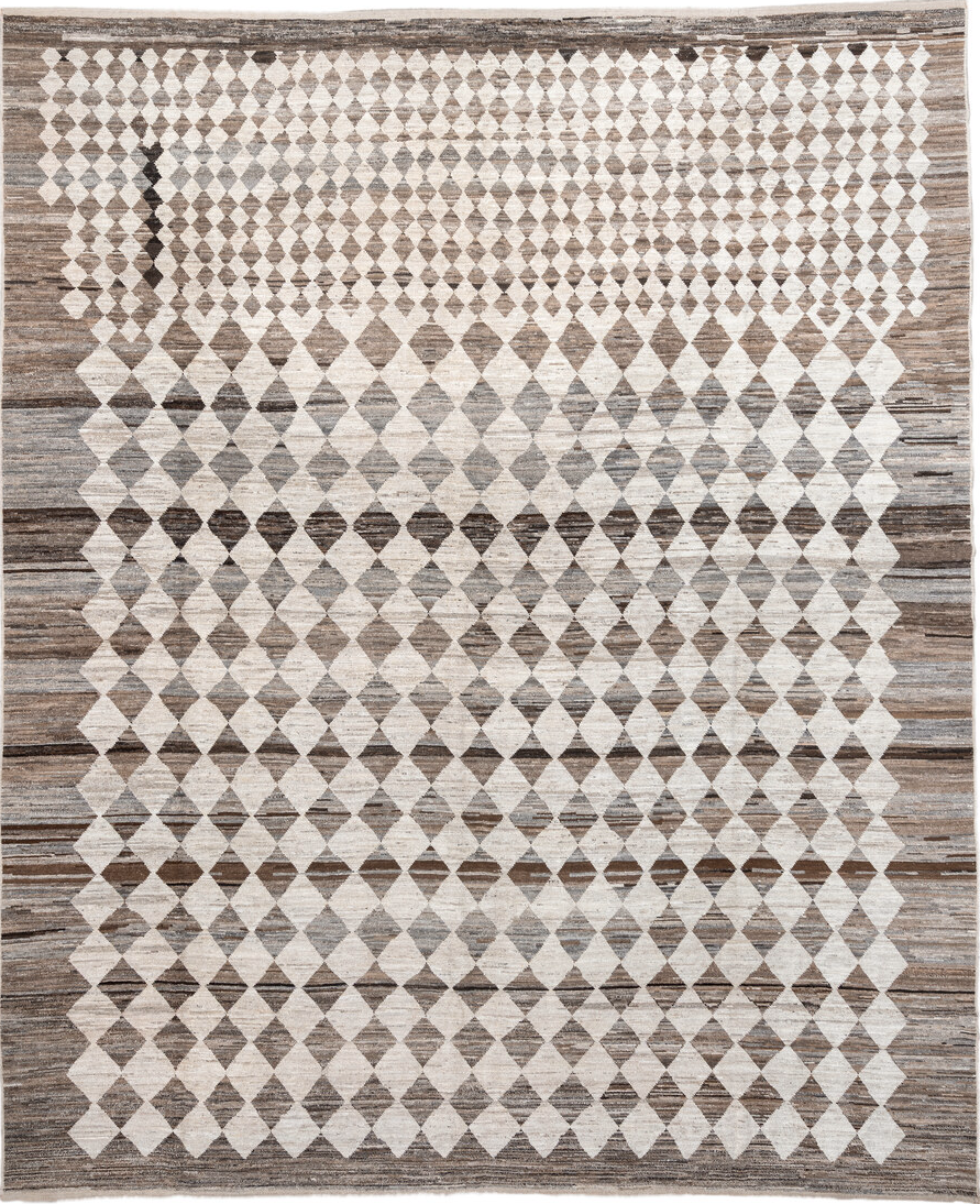 12' x 15' one-of-a-kind handmade vintage Tulu oversize rug. Color palette: black, brown, dark gray, gainsboro, gray