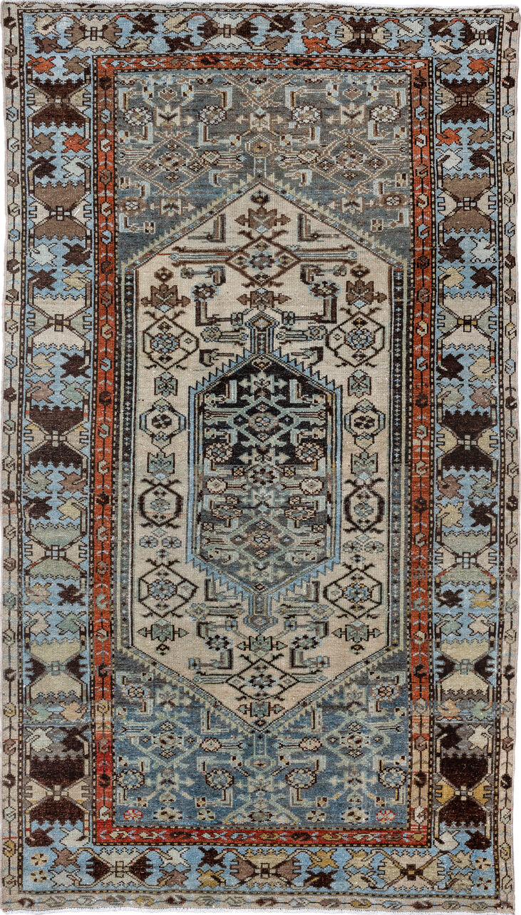 3' x 6' one-of-a-kind handmade vintage Malayer runner rug. Color palette: black, blue, brown, gainsboro, gray, light blue