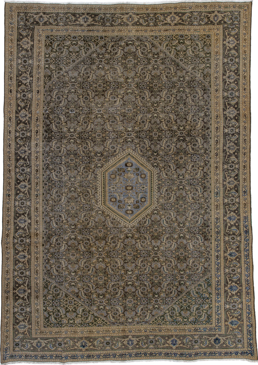 7' x 10' one-of-a-kind handmade vintage Tabriz large size rug. Color palette: black, brown, dim gray, gainsboro, gray