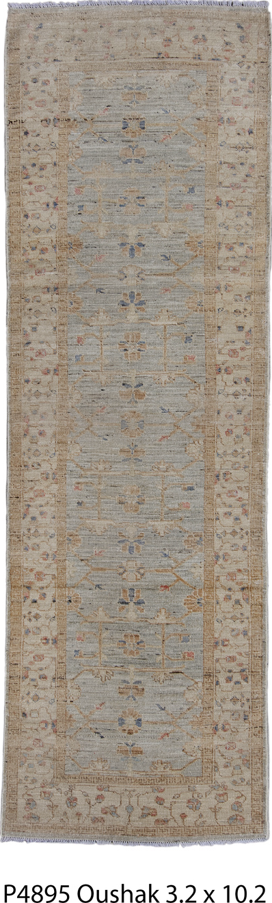 3' x 10' one-of-a-kind handmade vintage Oushak runner rug. Color palette: black, blue, brown, gray, light gray