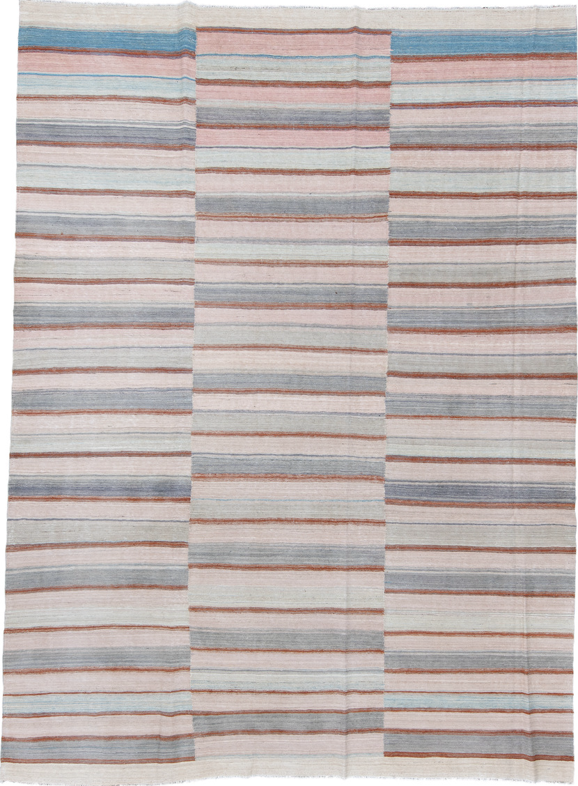 8' x 12' one-of-a-kind handmade vintage Kilim large size rug. Color palette: blue, brown, dim gray, gray, light blue