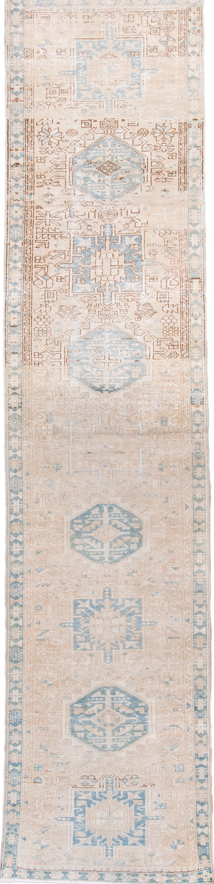 3' x 13' one-of-a-kind handmade vintage Karaje runner rug. Color palette: antiquewhite, brown, dark gray, gainsboro, gray