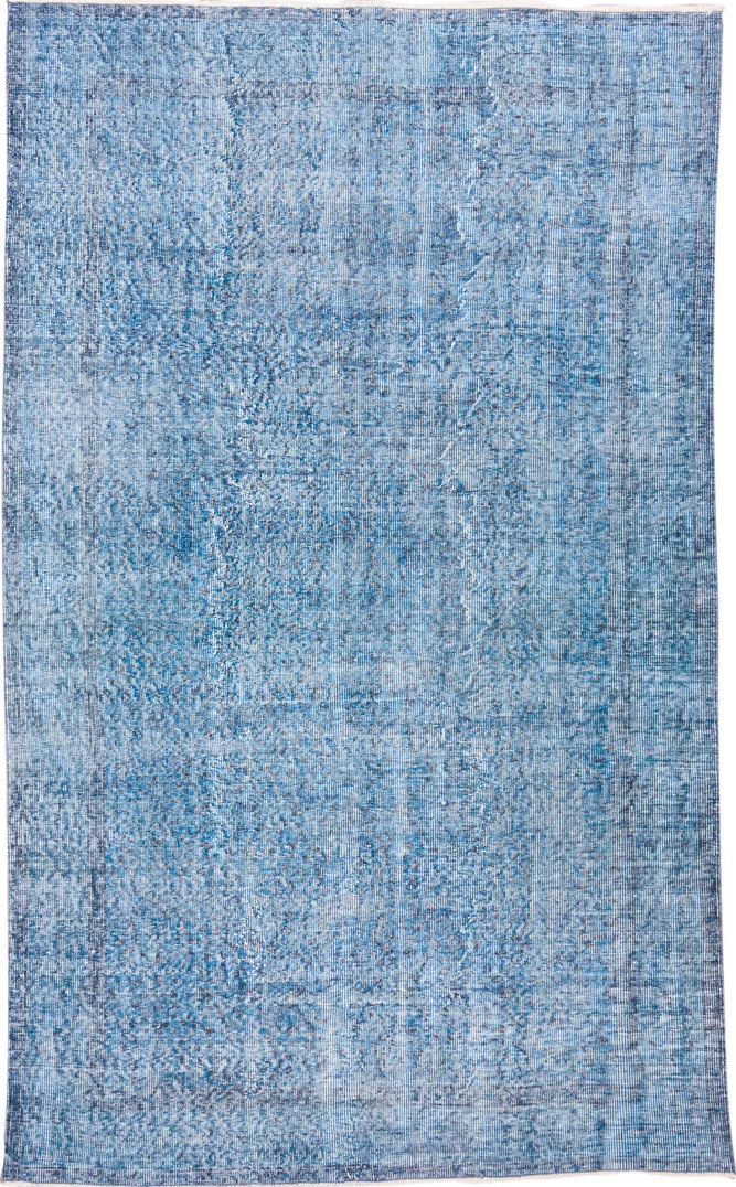 5' x 9' one-of-a-kind handmade vintage Overdyed medium size rug. Color palette: blue, fiord, gray, light blue, light gray