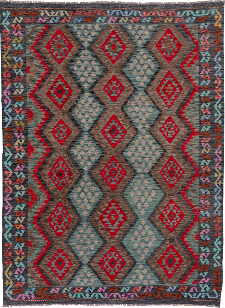 7' x 9' one-of-a-kind handmade vintage Kilim rug. Color palette: blue, brown, dark slate gray, dim gray, gray