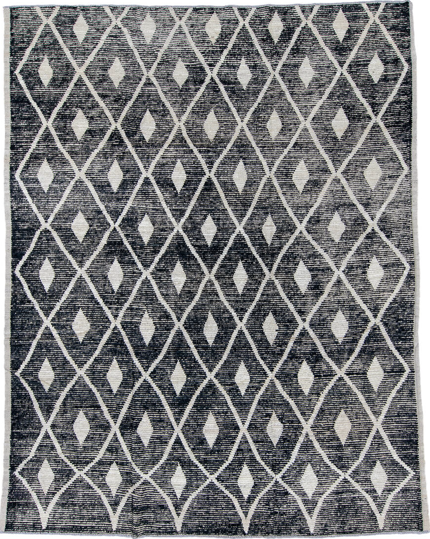 9' x 11' one-of-a-kind handmade vintage Tulu large size rug. Color palette: black, blue, dark gray, dim gray, gainsboro