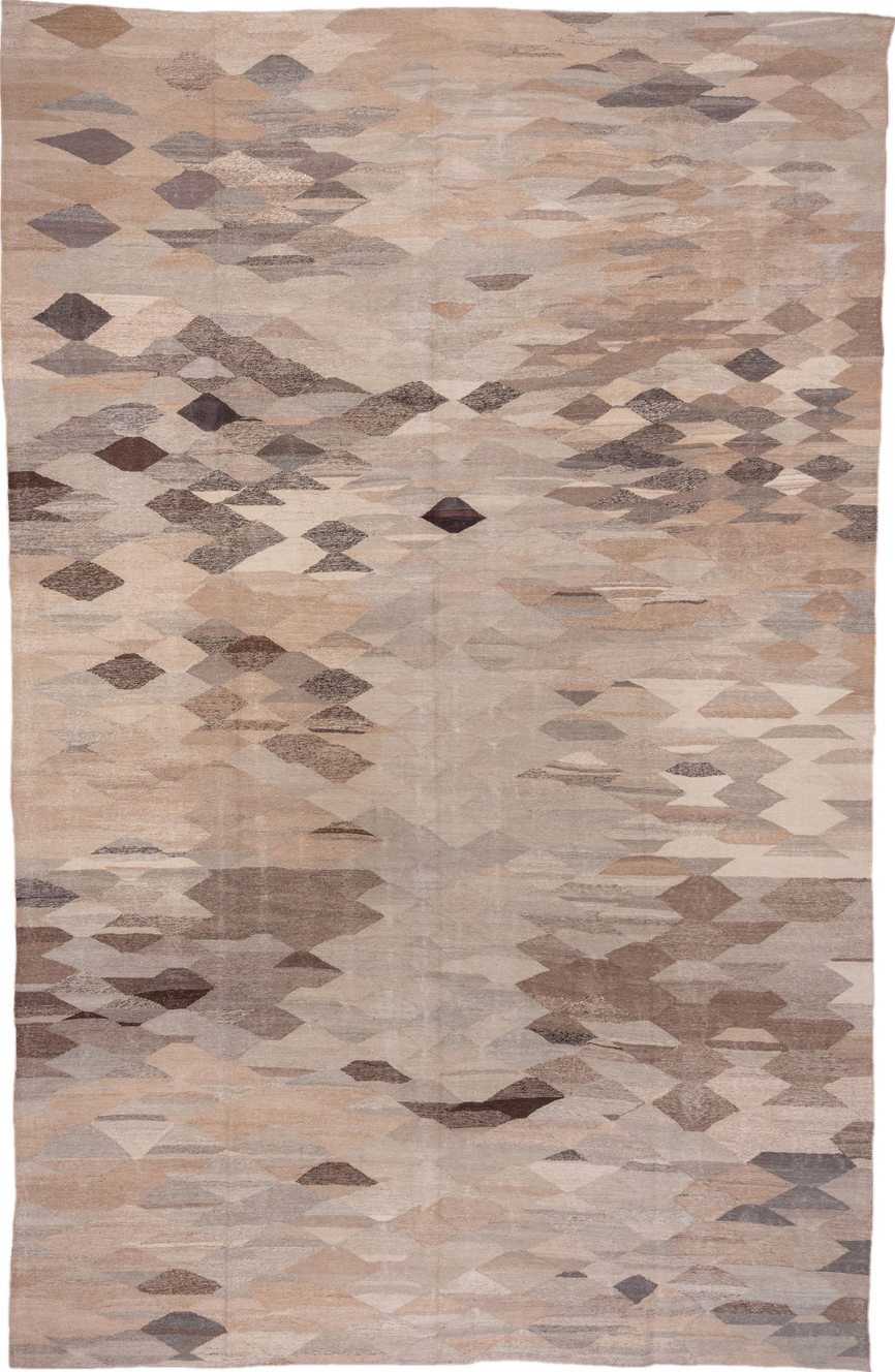 10' x 16' one-of-a-kind handmade vintage Kilim rug. Color palette: brown, gray, light gray, off-white, pink