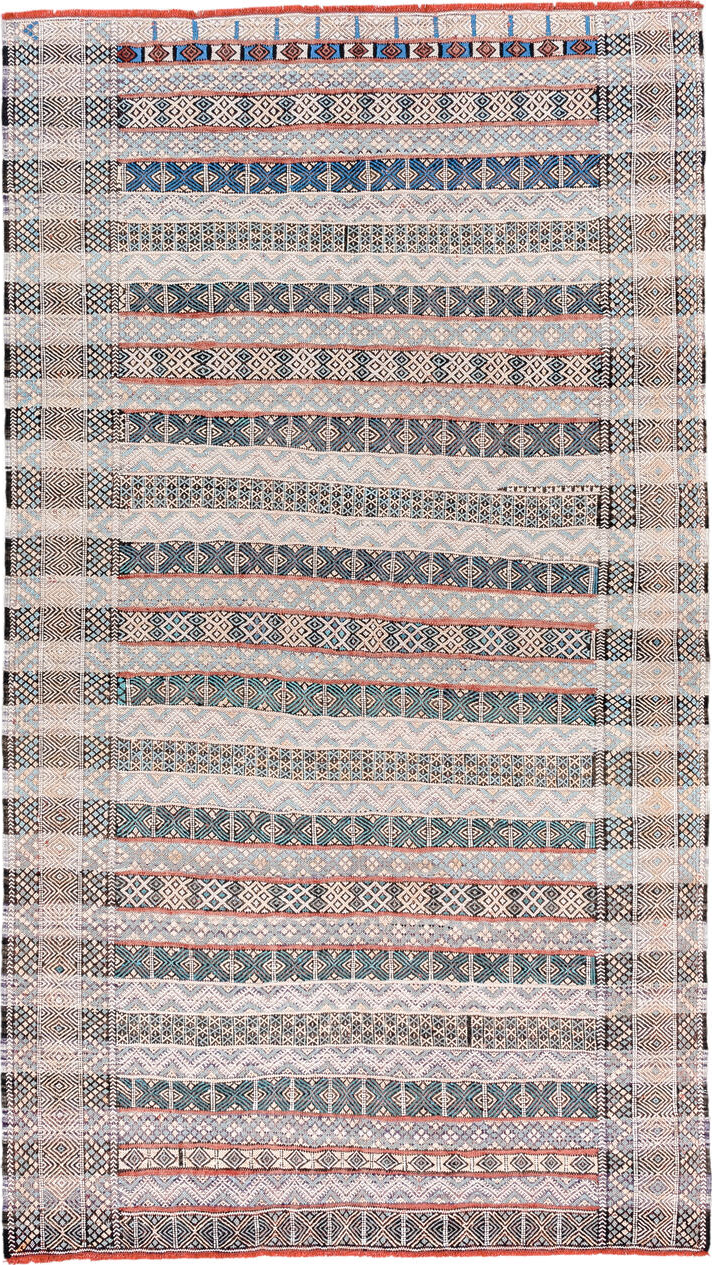 3' x 6' one-of-a-kind handmade vintage Moroccan small size rug. Color palette: black, blue, brown, fiord, gainsboro, gray