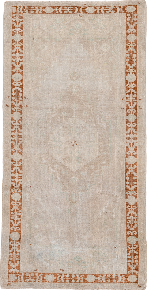 4' x 8' one-of-a-kind handmade vintage Oushak rug. Color palette: brown, gray, light gray, off-white, pink, snow, white