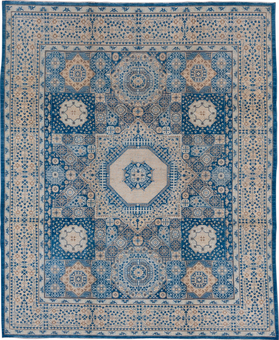 8' x 10' one-of-a-kind handmade vintage Afghan large size rug. Color palette: blue, dark gray, fiord, gray, light gray