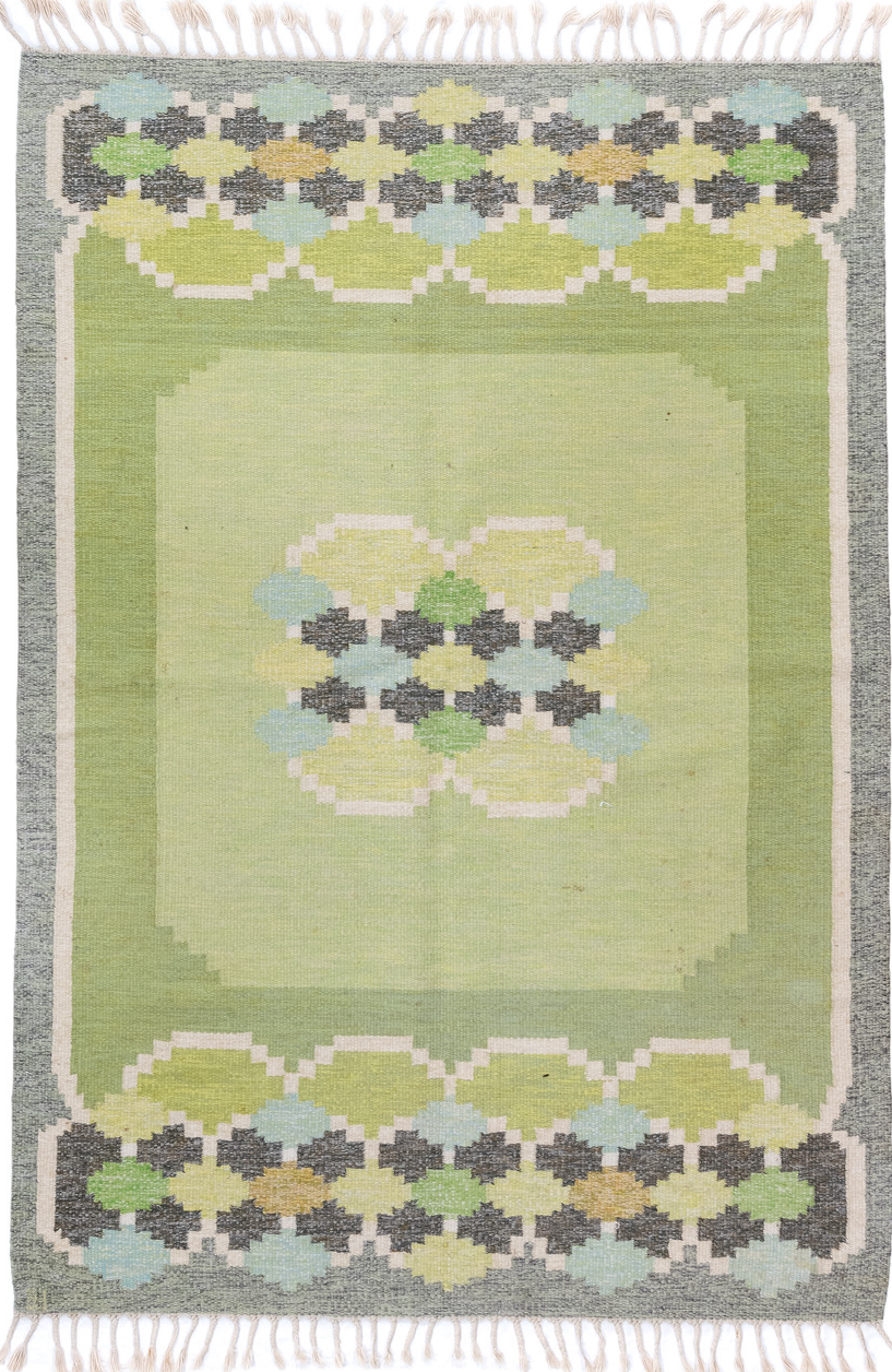 5' x 7' one-of-a-kind handmade vintage Rollaken rug. Color palette: dark khaki, dim gray, gray, green, light gray, off-white