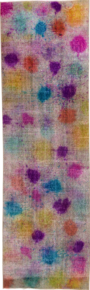 3' x 10' one-of-a-kind handmade vintage Overdyed runner rug. Color palette: blue, brown, gray, light gray, off-white, orange