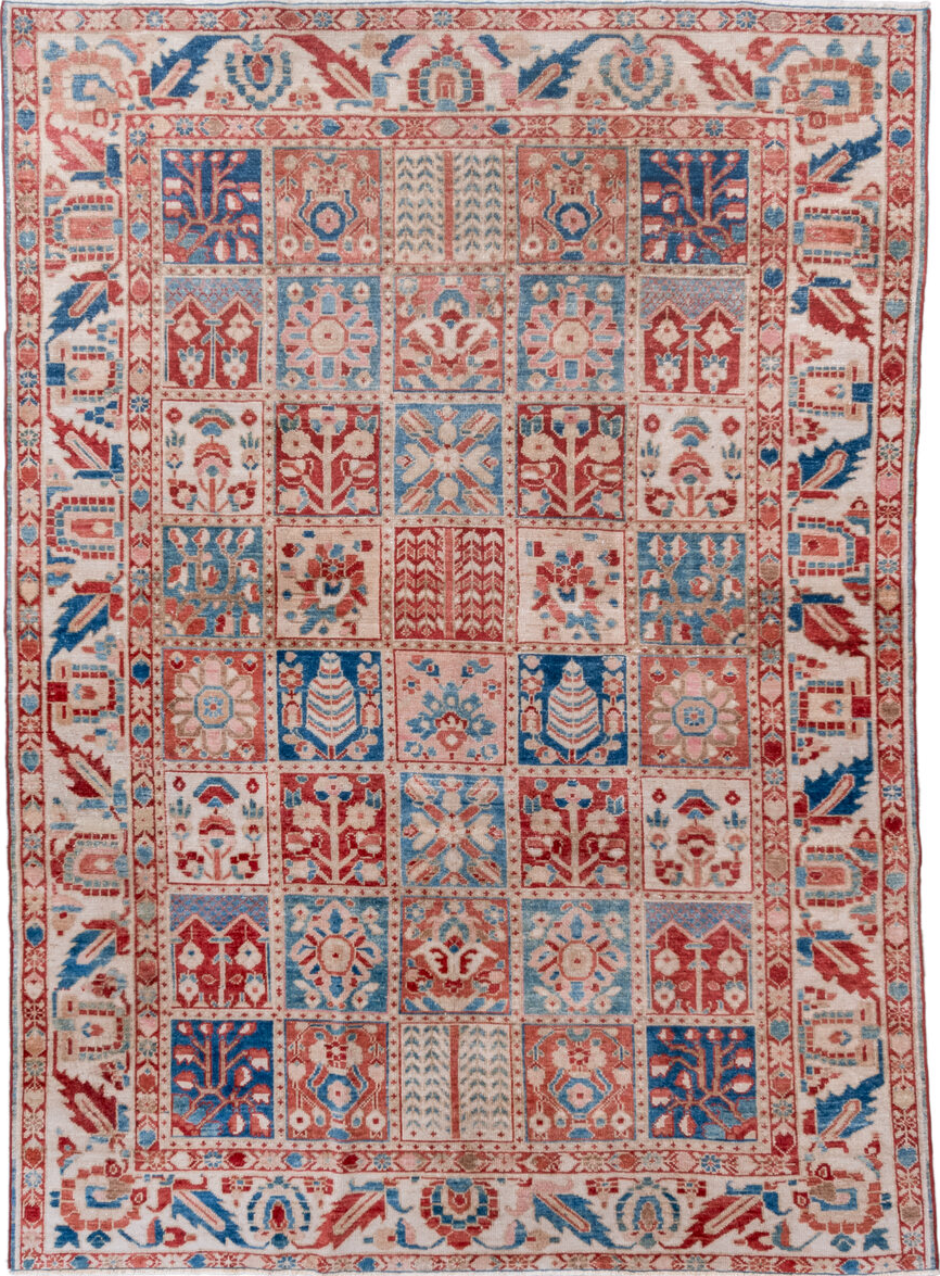7' x 9' one-of-a-kind handmade vintage Baktiary rug. Color palette: blue, brown, dim gray, gray, light gray, off-white, pink