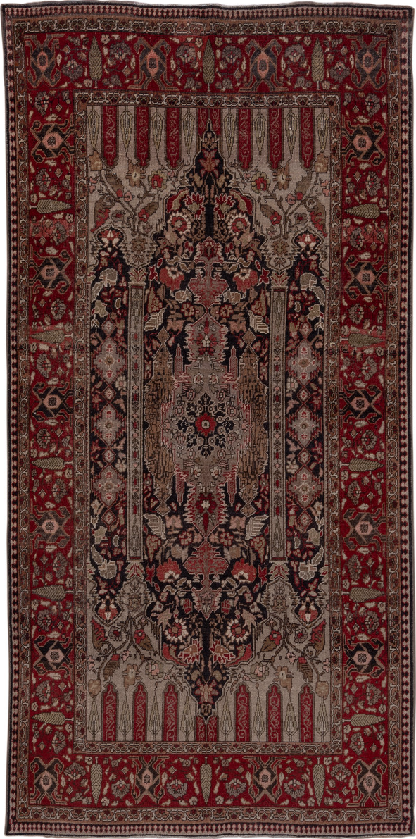 5' x 10' one-of-a-kind handmade vintage Oushak medium size rug. Color palette: black, brown, gray, pink, red, redwood