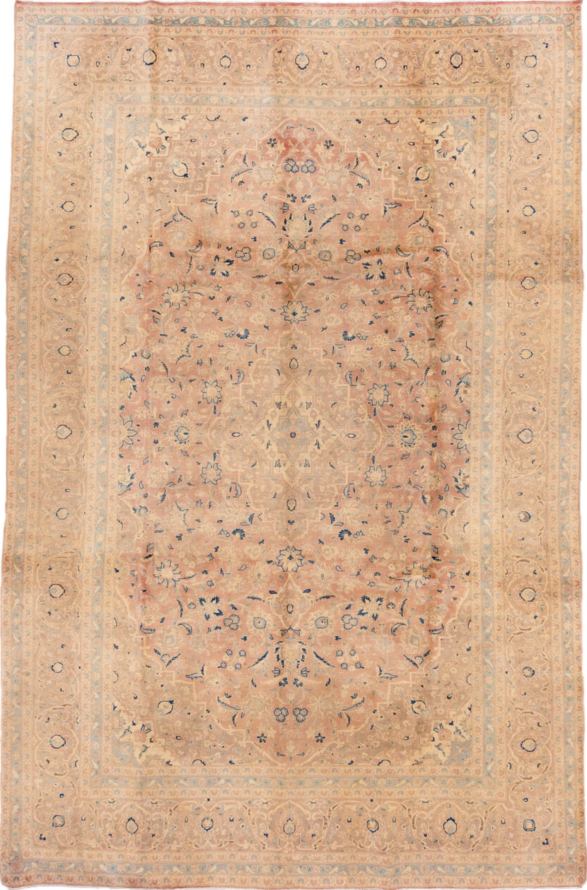 8' x 12' one-of-a-kind handmade vintage Kashan large size rug. Color palette: bisque, brown, gray, linen, off-white, orange